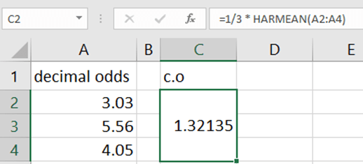 An example of calculating compounding odds in Excel for a choice of 3 outcomes with accompanying odds